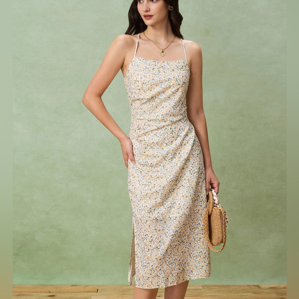 Rihoas Yellow Floral Ruched Slip Midi Dress